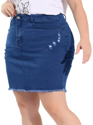Agnes Orinda Women's Plus Size Raw Hem Denim Bodycon Skirt 3 Agnes Orinda Women's Plus Size Raw Hem Denim Bodycon Skirt