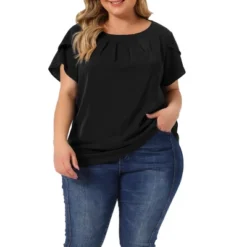 Agnes Orinda Women's Plus Size Elegant Pleated Petal Short Sleeve Vacation Office Work Blouses -Agnes Orinda GUEST 24c445b7 6711 4c75 bf56 240fde820950