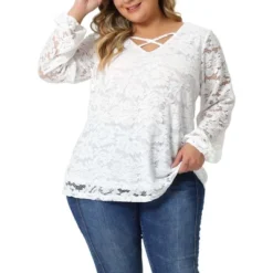 Agnes Orinda Women's Plus Size Lace Sheer Long Sleeve Layer Cross Elastic Cuff V Neck Blouse -Agnes Orinda GUEST 27f10f8c cd41 4083 8e68 b7b5c17a4f69