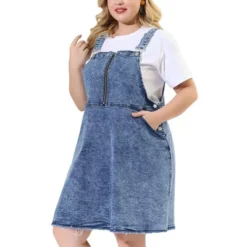 Agnes Orinda Women's Plus Size Denim Overall Zipper Frayed Adjustable Strap Suspender Dresses