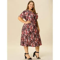 Agnes Orinda Women's Plus Size Elegant Short Sleeve Floral Pattern Dress -Agnes Orinda GUEST 2883476e 7752 4431 a69f 173eeda59e7d