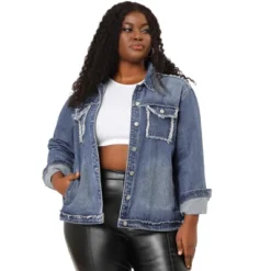 Agnes Orinda Women's Plus Size Button Down Frayed Chest Pockets Short Denim Jacket -Agnes Orinda GUEST 2910df64 032a 447a a81d 27ae67262464