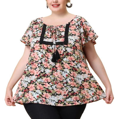 Agnes Orinda Women's Plus Size Chiffon Blouses Tie Neck Tassel Lace Insert Flare Short Sleeve Floral Tops 9 Agnes Orinda Women's Plus Size Chiffon Blouses Tie Neck Tassel Lace Insert Flare Short Sleeve Floral Tops - Image 7