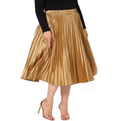 Agnes Orinda Women's Plus Size Pleated Stretched High Waist Premium Metallic Shiny Midi Skirts 3 Agnes Orinda Women's Plus Size Pleated Stretched High Waist Premium Metallic Shiny Midi Skirts
