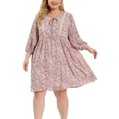 Agnes Orinda Women's Plus Size 3/4 Sleeves Babydoll Floral Flare Reteo Dress 8 Agnes Orinda Women's Plus Size 3/4 Sleeves Babydoll Floral Flare Reteo Dress - Image 6