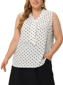 Agnes Orinda Women's Plus Size Elegant Formal Polka Dots Sleeveless Tie Neck Tank Top