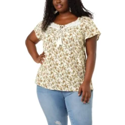 Agnes Orinda Women's Plus Size Floral Short Sleeve Square Tassel Tie Neck Peasant Tops -Agnes Orinda GUEST 2f836b2a 2d69 48f8 b785 7dcc9863d04a