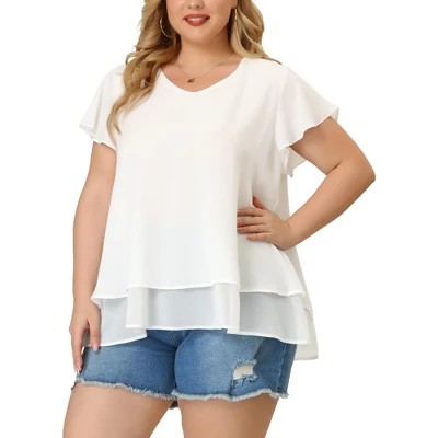 Agnes Orinda Women's Plus Size Casual Flare Sleeve Double Layers Chiffon Blouse 3 Agnes Orinda Women's Plus Size Casual Flare Sleeve Double Layers Chiffon Blouse