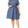 Agnes Orinda Women's Plus Size Buttons Belted Short Sleeves Chambray Shirtdress