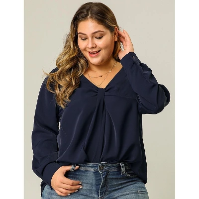 Agnes Orinda Women's Plus Size V Neck Long Sleeve Twist Knot Top 4 Agnes Orinda Women's Plus Size V Neck Long Sleeve Twist Knot Top - Image 2