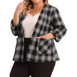 Agnes Orinda Women's Plus Size Plaid 3/4 Sleeves Work Office Blazers Jacket Suits