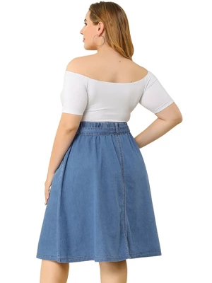 Agnes Orinda Women's Plus Size Denim Tie Waist Button Front A-Line Midi Skirts 6 Agnes Orinda Women's Plus Size Denim Tie Waist Button Front A-Line Midi Skirts - Image 4