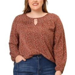 Agnes Orinda Women's Plus Size Chiffon Keyhole Long Sleeve Floral Top -Agnes Orinda GUEST 36d04e9f ec7e 42da 9bc1 c1736c01d9ba
