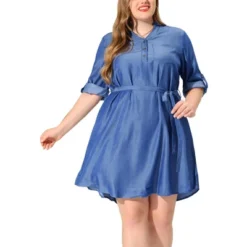 Agnes Orinda Women's Plus Size 3/4 Sleeve Belted High Low Hem Chambray T-Shirt Dress -Agnes Orinda GUEST 374e181d 6ce8 468e bc20 7d926923e17e