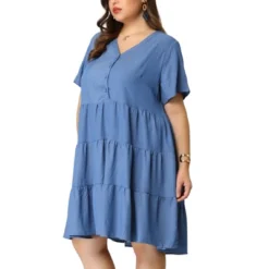 Agnes Orinda Women's Plus Size Babydoll Tiered V Neck Short Sleeve Chambray Dresses -Agnes Orinda GUEST 395476df 36bf 433e b048 d7da1e8b59d6