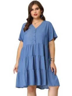 Agnes Orinda Women's Plus Size Babydoll Tiered V Neck Short Sleeve Chambray Dresses -Agnes Orinda GUEST 3a6e677a a752 4929 b629 d9d3d028f15e