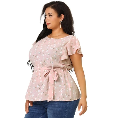 Agnes Orinda Women's Plus Size Blouse Floral Tie Waist Flare Sleeve Top 5 Agnes Orinda Women's Plus Size Blouse Floral Tie Waist Flare Sleeve Top - Image 3