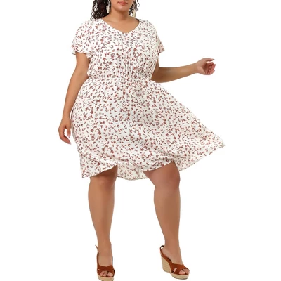 Agnes Orinda Women's Plus Size V Neck Elastic Waist Ditsy Floral Midi Dresses 9 Agnes Orinda Women's Plus Size V Neck Elastic Waist Ditsy Floral Midi Dresses - Image 7