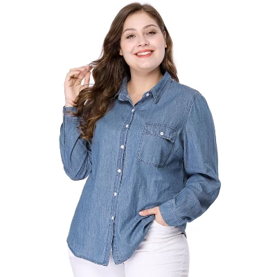 Agnes Orinda Women's Plus Size Denim Long Sleeve Chest Pocket Work Shirt 4 Agnes Orinda Women's Plus Size Denim Long Sleeve Chest Pocket Work Shirt - Image 2