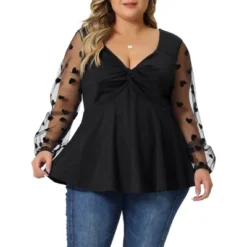 Agnes Orinda Women's Plus Size Heart Sheer Long Sleeve Mesh V Neck Peplum Blouse -Agnes Orinda GUEST 3b5a2659 9c54 454b b8a7 eaa794427e7f