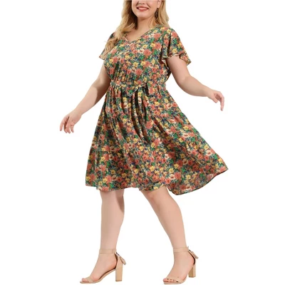 Agnes Orinda Women's Plus Size V Neck Floral Empire Waist Dresses 3 Agnes Orinda Women's Plus Size V Neck Floral Empire Waist Dresses