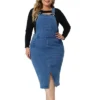 Agnes Orinda Women's Plus Size Overall Classic Adjustable Straps Above Knee Slit Hem Denim Dresses