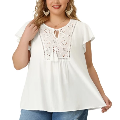 Agnes Orinda Women's Plus Size Blouse Ruffle Sleeve Lace Trim Tie Neck Peasant Top 3 Agnes Orinda Women's Plus Size Blouse Ruffle Sleeve Lace Trim Tie Neck Peasant Top
