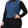 Agnes Orinda Plus Size Denim Vest For Women Button Down Collarless Jean Vest