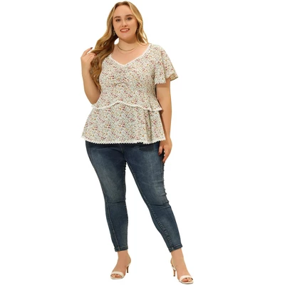 Agnes Orinda Women's Plus Size Tiered Floral Babydoll Sweetheart Neck Ruffle Short Sleeve Blouses 4 Agnes Orinda Women's Plus Size Tiered Floral Babydoll Sweetheart Neck Ruffle Short Sleeve Blouses - Image 2