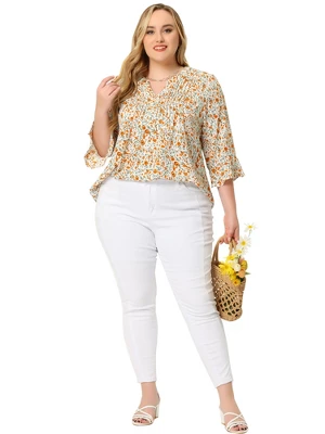 Agnes Orinda Women's Plus Size Pleated Ruffle 3/4 Sleeves V Neck Floral Blouse 4 Agnes Orinda Women's Plus Size Pleated Ruffle 3/4 Sleeves V Neck Floral Blouse - Image 2