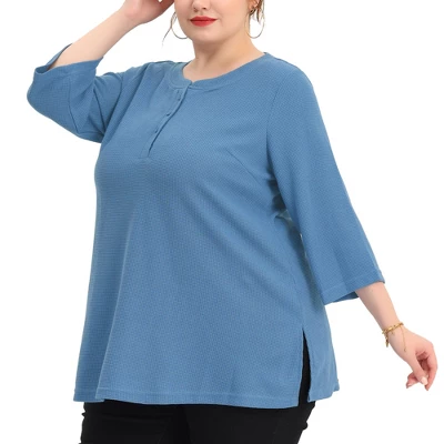 Agnes Orinda Women's Plus Size Round Neck Half Placket 3/4 Sleeve Basic Tops 3 Agnes Orinda Women's Plus Size Round Neck Half Placket 3/4 Sleeve Basic Tops