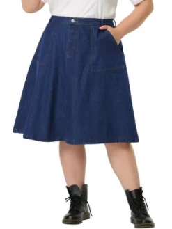 Agnes Orinda Women's Plus Size Button Down Casual A-Line Pockets Midi Jean Skirts