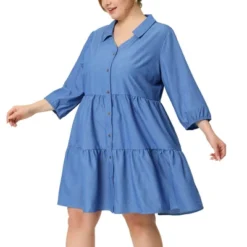 Agnes Orinda Women's Plus Size Babydoll Outfits Turndown Collar 3/4 Sleeve Chambray Dresses -Agnes Orinda GUEST 3eb6985b ab27 4d18 9f36 ef13ab9baf24