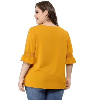 Agnes Orinda Women' S Plus Size V Neck Ruffle Smocked Sleeve Blouses 6 Agnes Orinda Women' S Plus Size V Neck Ruffle Smocked Sleeve Blouses - Image 4