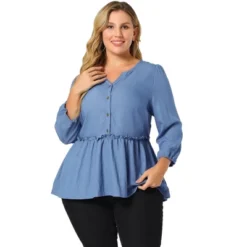 Agnes Orinda Women's Plus Size Peplum Top Pullover Puff Sleeve High Waist Chambray Blouse -Agnes Orinda GUEST 419546f9 6d7a 4f09 9255 9e69c85d4bf9