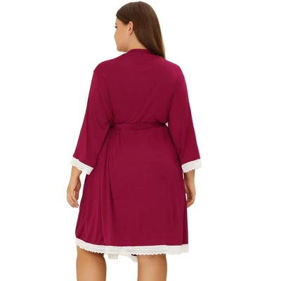 Agnes Orinda Women's Plus Size Solid Wrap Tie Belt Waist Lace Trim 3/4 Sleeve Pajama Robes 5 Agnes Orinda Women's Plus Size Solid Wrap Tie Belt Waist Lace Trim 3/4 Sleeve Pajama Robes - Image 3