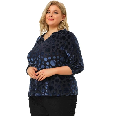 Agnes Orinda Women's Plus Size Velvet Semi Sheer Bishop Sleeve Polka Dots Elegant Blouses 5 Agnes Orinda Women's Plus Size Velvet Semi Sheer Bishop Sleeve Polka Dots Elegant Blouses - Image 3