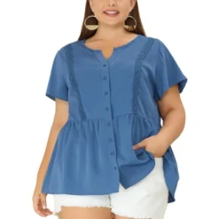 Agnes Orinda Women's Plus Size Shirt Bell Short Sleeve Button Down Collar Elastic Waist Flare Peplum Tops -Agnes Orinda GUEST 45faf897 d76d 4531 b3a6 b8842ef22dd2