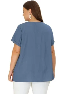 Agnes Orinda Women's Plus Size Blouse Casual V Neck Lounge Around Short Sleeve Solid Chambray Tops -Agnes Orinda GUEST 468195c1 dbb4 4793 b60b b63407332535