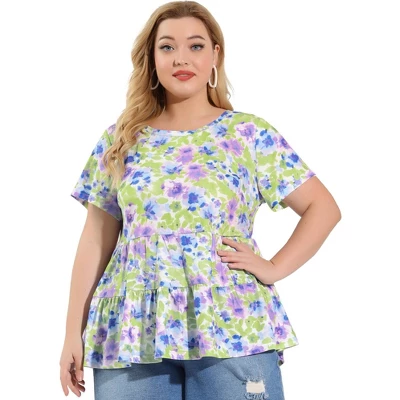 Agnes Orinda Women's Plus Size Tops Tiered Round Neck Short Sleeve Floral Blouses 5 Agnes Orinda Women's Plus Size Tops Tiered Round Neck Short Sleeve Floral Blouses - Image 3
