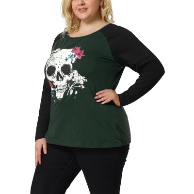 Agnes Orinda Women's Plus Size Floral Skull Contrast Color Raglan T-shirt 11 Agnes Orinda Women's Plus Size Floral Skull Contrast Color Raglan T-shirt - Image 9