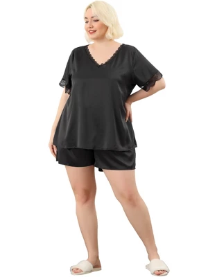 Agnes Orinda Plus Size Satin Pajamas Women's 2023 Summer Lace V Neck Short Sleeve With Shorts Silk Set Sleepwear 4 Agnes Orinda Plus Size Satin Pajamas Women's 2023 Summer Lace V Neck Short Sleeve With Shorts Silk Set Sleepwear - Image 2