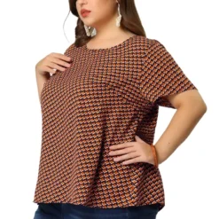 Agnes Orinda Women's Plus Size T Shirts Round Neck Geometry Printed Pullover Tops