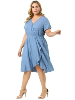 Agnes Orinda Women's Plus Size Faux Wrap Elastic Waist V Neck Chambray Ruffle Dress 12 Agnes Orinda Women's Plus Size Faux Wrap Elastic Waist V Neck Chambray Ruffle Dress -Agnes Orinda GUEST 49e136d9 033c 435a b7e8 62fe3458bbad