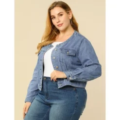 Agnes Orinda Women's Plus Size Long Sleeves Button Down Crew Neck Short Denim Jacket -Agnes Orinda GUEST 4a503c97 afe9 4671 9a81 c03d4fef7bb8