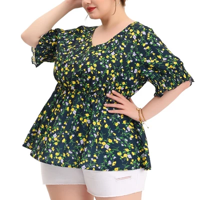 Agnes Orinda Women's Plus Size Floral Ruffle Smock Sleeve V Neck Peplum Blouses 10 Agnes Orinda Women's Plus Size Floral Ruffle Smock Sleeve V Neck Peplum Blouses - Image 8