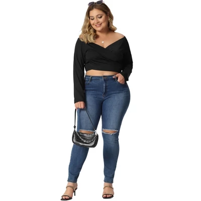 Agnes Orinda Women's Plus Size Off Shoulder Crop Cross Wrap Fashion Blouse 4 Agnes Orinda Women's Plus Size Off Shoulder Crop Cross Wrap Fashion Blouse - Image 2
