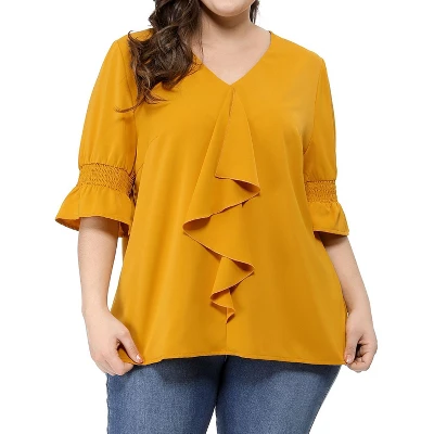 Agnes Orinda Women' S Plus Size V Neck Ruffle Smocked Sleeve Blouses 8 Agnes Orinda Women' S Plus Size V Neck Ruffle Smocked Sleeve Blouses - Image 6