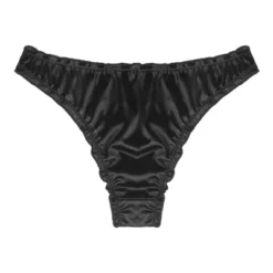Agnes Orinda Women Plus Mid-Rise Frill Trim Elastic Waist Satin Bikini Black Thong 1X