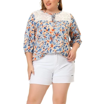 Agnes Orinda Women's Plus Size Floral Printed Lace Panel Self Tie Neck 3/4 Sleeves Summer Tops 8 Agnes Orinda Women's Plus Size Floral Printed Lace Panel Self Tie Neck 3/4 Sleeves Summer Tops - Image 6